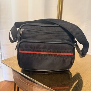 Vintage Black Camera Bag with Red Stripe – Small Shoulder Crossbody